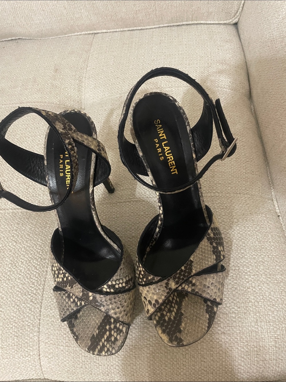 Saint Laurent Black & Neutral Snake-Print Ankle Strap Heels